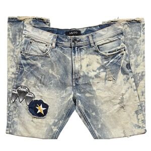 Akoo Men's Jeans Size 34x30.5 Acid Washed Distressed Hip Hop No Rivals - 916